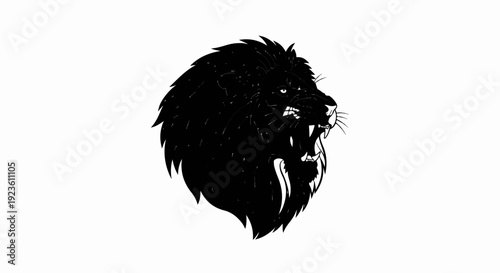 Black lion head roaring aggressively with sharp teeth exposed