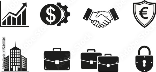Collection of business-themed icons including a graph, currency, handshake, and briefcase
