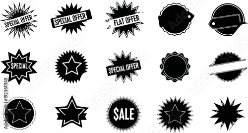Collection of black starburst and circular badges with text