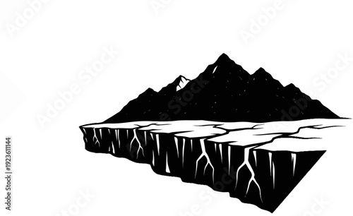 Craggy mountain peaks rise above a fractured, icy precipice