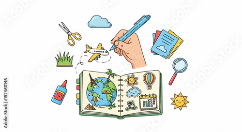 Creative travel journal preparation with stickers, pen, and accessories