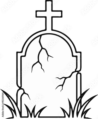 Cracked headstone with cross and grass, outline style