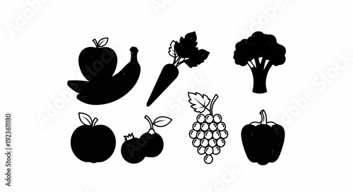 Collection of black and white silhouette icons of fresh fruits and vegetables
