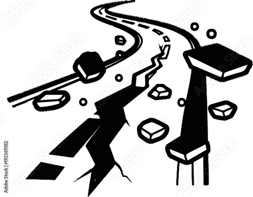 Cracked road with scattered rocks and debris, abstract illustration