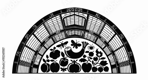 Arc of ornate greenhouse structure filled with abundant produce and garden insects