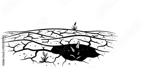 Cracked earth reveals a dark pool with small plants and debris