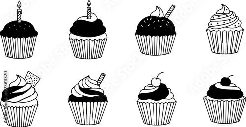 Eight black and white line drawings of various decorated cupcakes