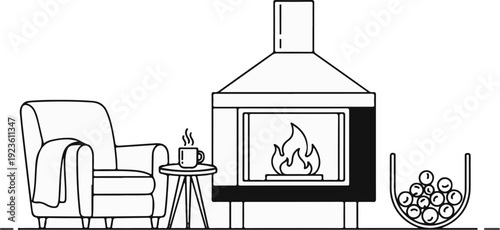 Cozy living room scene with armchair, coffee, fireplace, and decorative balls