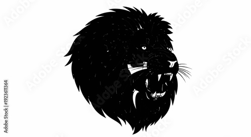 Black lion head with open mouth and sharp teeth on white background