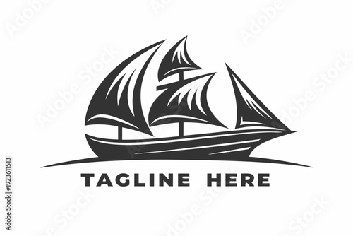 Monochromatic sailing ship silhouette with three large sails on white background shows the beautiful ship