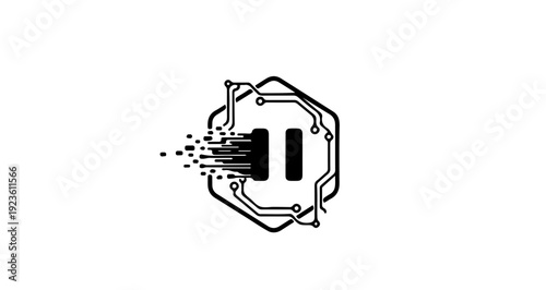 A Modern Digital Glitch Pause Button Logo with Hexagonal Circuit Enclosure