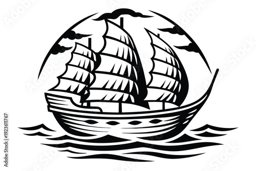 Monochrome art shows a sailing ship navigating through rough sea under stormy clouds