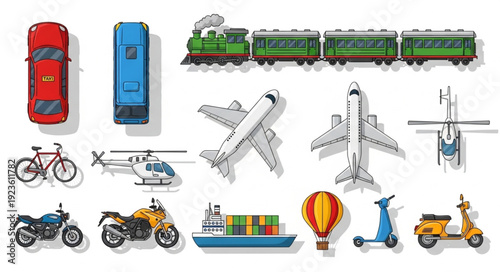 Various modes of transportation depicted in a colorful and detailed illustration.