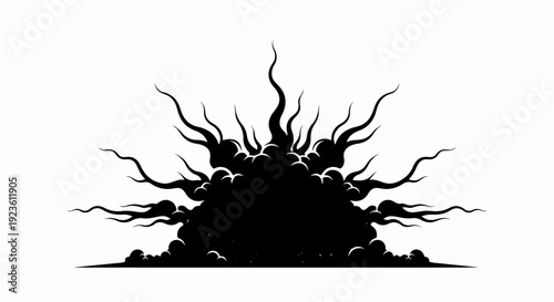 Black abstract burst of swirling tendrils and smoke on white background