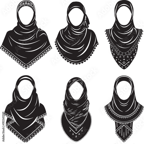 Collection of traditional Muslim womens headscarf and hijab styles with intricate details