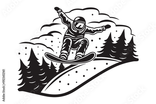 Monochrome astronaut performs daring snowboard stunt through snow covered hills and pine trees art