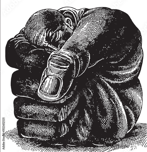 Detailed engraving style image of a clenched fist demonstrating strength and determination vector