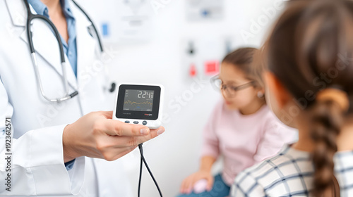 Doctor showing ECG holter monitor to patient in pediatric clinic. Holter monitoring device in a doctor hands before a diagnostic. Preparation for a heart rhythm diagnistic. Professional medicine.