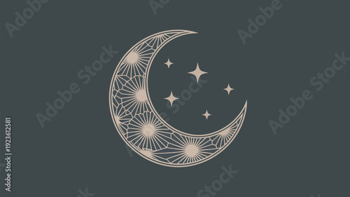 A beautiful crescent moon adorned with an elaborate sunburst-like geometric pattern is flanked by stars against a solid dark grey background.