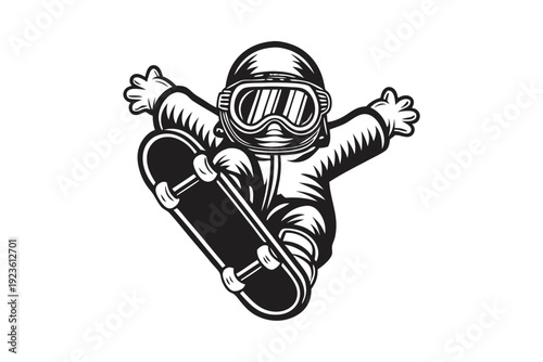 Monochrome drawing features a helmeted character riding a skateboard with outstretched arms in mid air