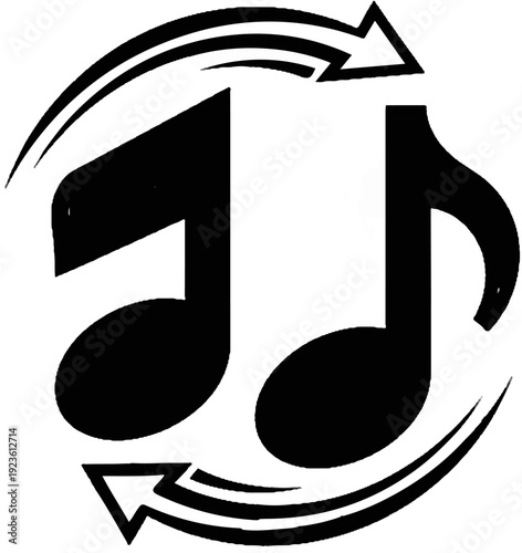 Black musical notes forming a circular arrow pattern with arrows