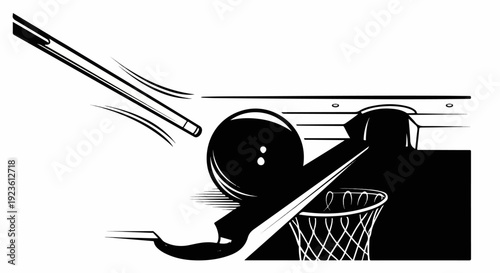 Billiard cue striking a ball, aimed towards a basketball hoop