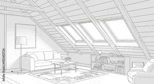 Cozy attic living room with sloped ceiling, skylights, sofa, coffee table, and armchair