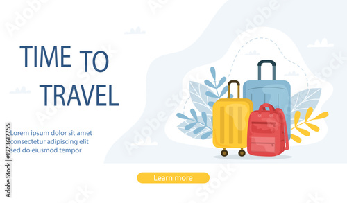 Flat vector illustration of travel banner or landing page with a group of colored suitcases on a light background and time to travel text on a light background