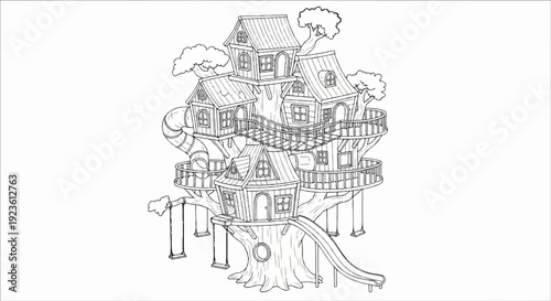 Elaborate fantasy treehouse with multiple levels, tubes, and slides