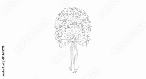 Elaborate floral bouquet with bow and tassel accent, sketched