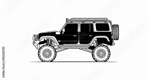 Black off-road SUV with large tires and roof rack
