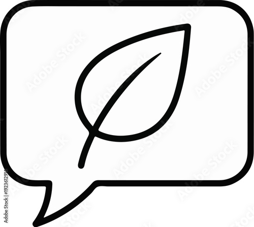 Black outline of a leaf inside a rounded speech bubble