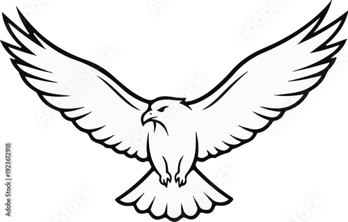 Black and white line drawing of a bird of prey with wings spread wide