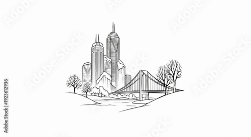 Black and white line drawing of a city skyline with a bridge and trees