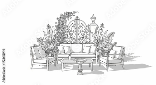 Elaborate garden gate with ornate gate, flanked by lush foliage and seating