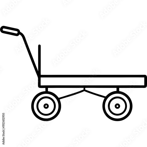 Black and white outline drawing of a flatbed trolley with a handle and two wheels