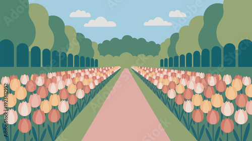 A vibrant and serene garden filled with colorful tulips and a winding path under a blue sky