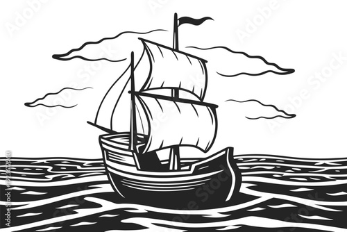 Monochrome drawing shows a vintage ship sailing on the sea under the clouds