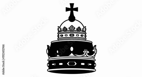 Elaborate regal crown with cross on top, black and white graphic