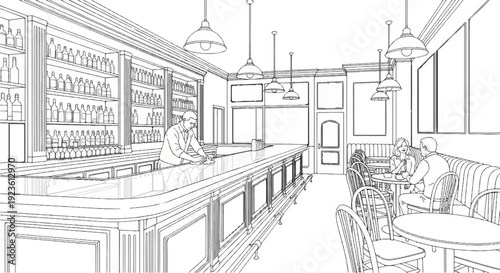 Bar interior scene with shelves of bottles, a bartender, and patrons seated at tables