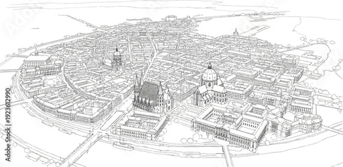 Elaborate line drawing depicts a sprawling historic cityscape with prominent domes and spires
