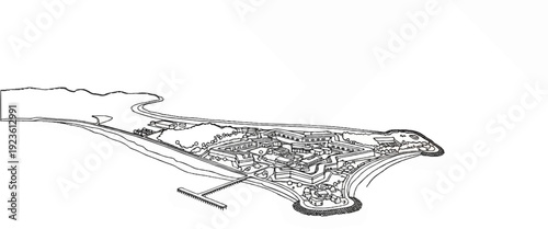 Elaborate star-shaped fortress complex with a pier and surrounding coastline