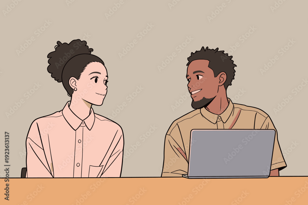 Fototapeta premium Two friends sit at a table talking and sharing ideas while looking at a laptop in a casual setting during the day.