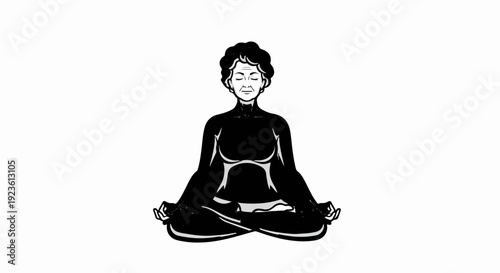Elderly woman in meditation pose, black and white illustration