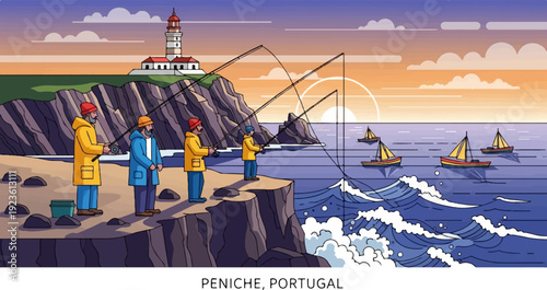 Coastal sunset with fishermen and sailboats