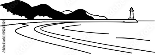 Coastal scene with mountains, a lighthouse, and a winding path