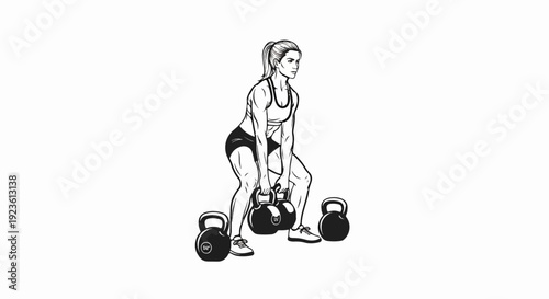 Athletic woman performing a kettlebell deadlift with multiple weights