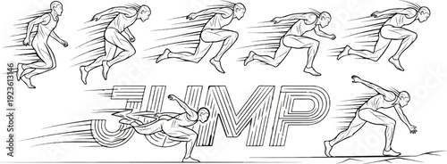 Athletes in motion, showing a sequence of running and jumping with speed lines