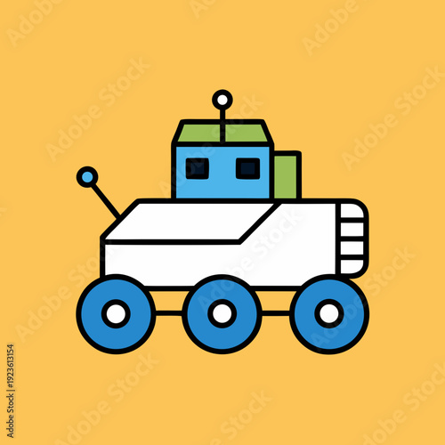Cute cartoon rover vehicle with blue wheels on a yellow background
