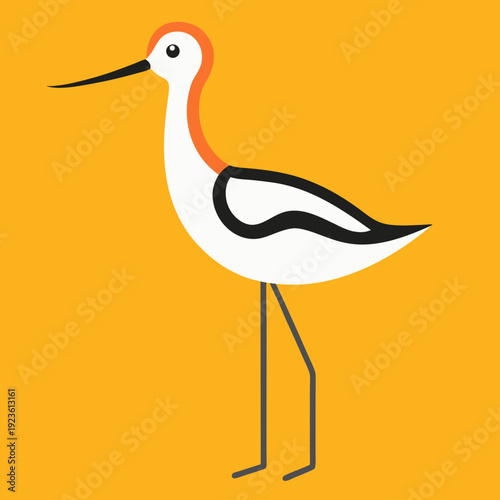 Stylized avocet wading bird with orange neck on yellow background